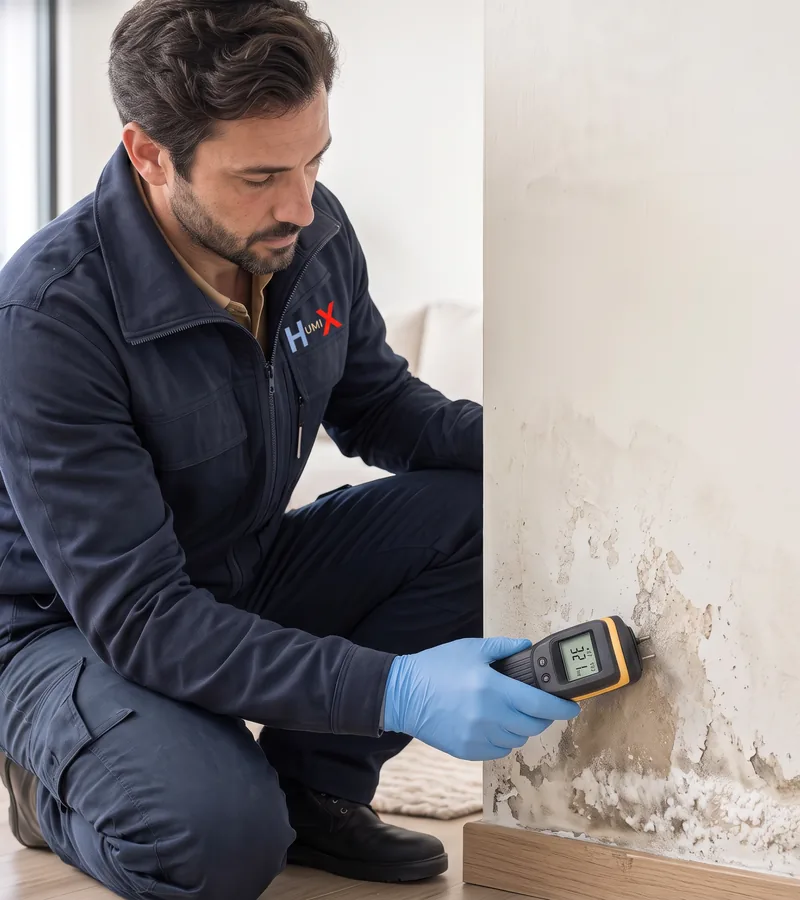 Rising damp and blown plaster at the bottom of a wall in Bolton